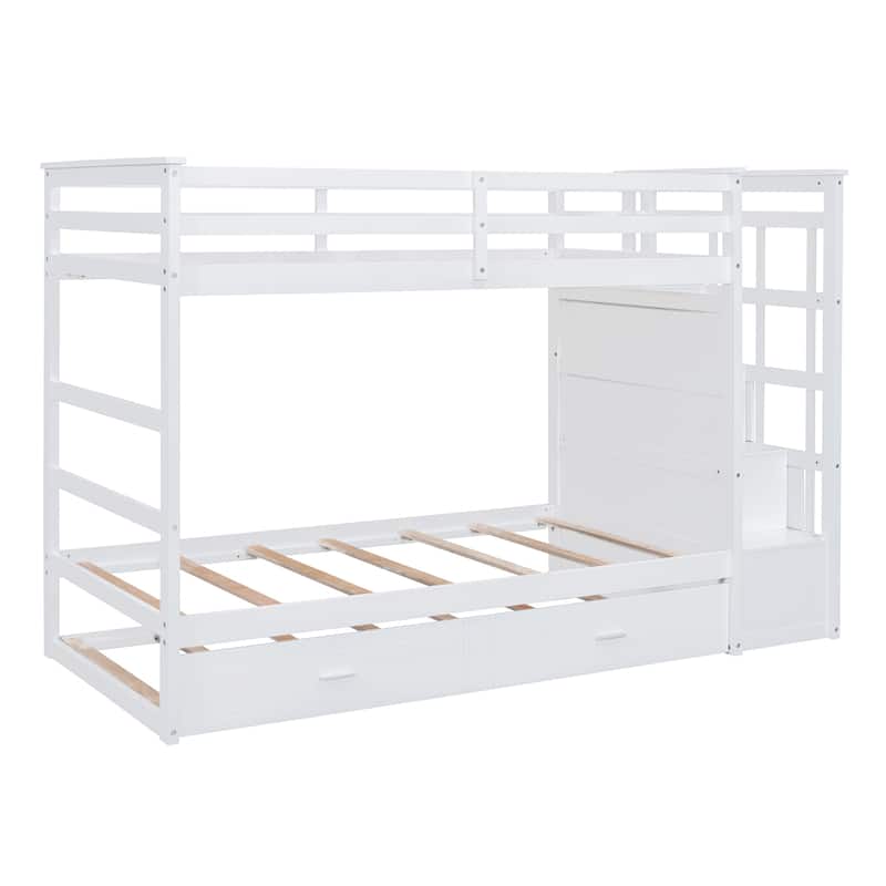 Twin Over Twin Bunk Bed with Trundle, Drawers and Storage Staircase