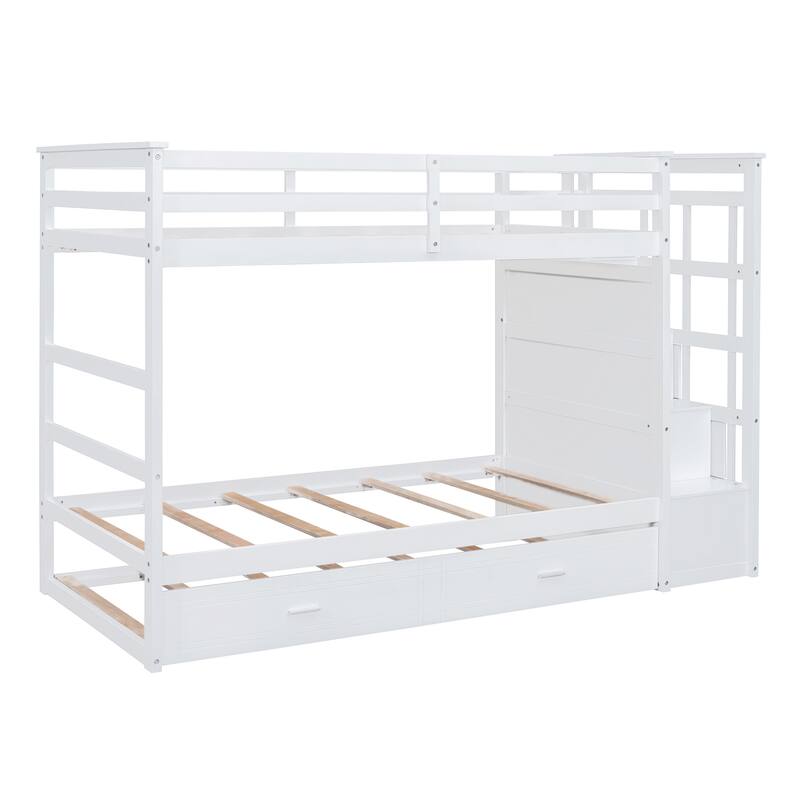 White Twin Over Twin Bunk Bed with Trundle, Staircase and Storage Drawers, Space-Saving Design