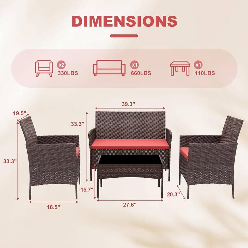 4-Piece Patio Rattan Furniture Set with Tempered Glass Table for Garden