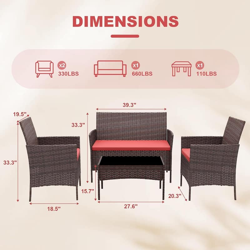4 Pieces Rattan Wicker Chairs with Glass Coffee Table