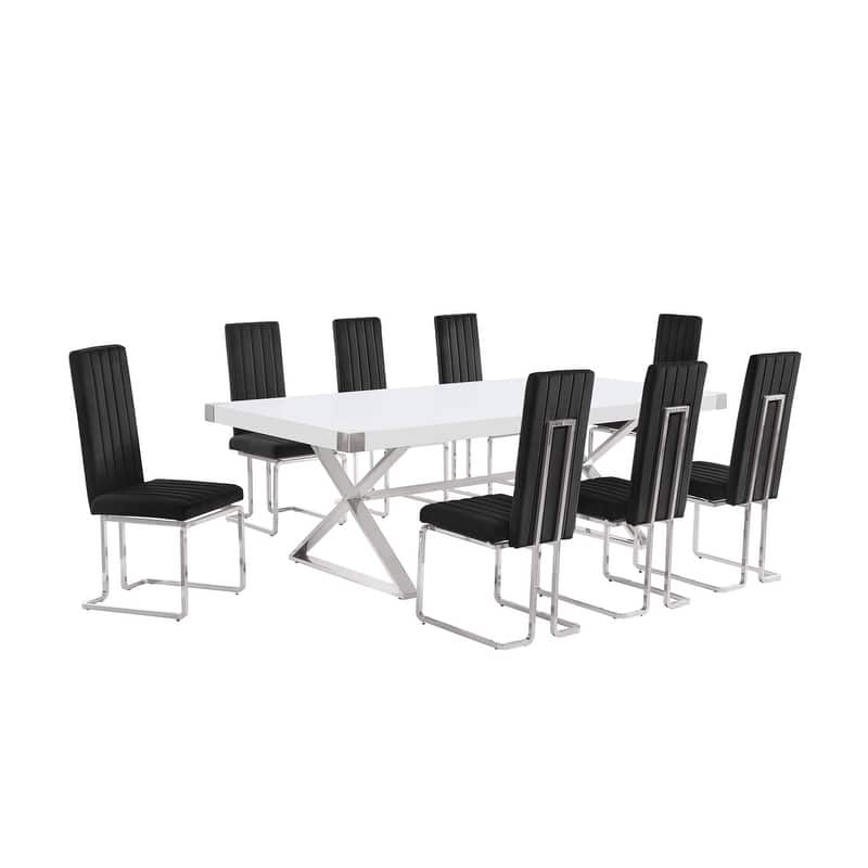 Best Quality Furniture D442/3-SC340-7 Dining Set with 94" White Lacquer Wood Top