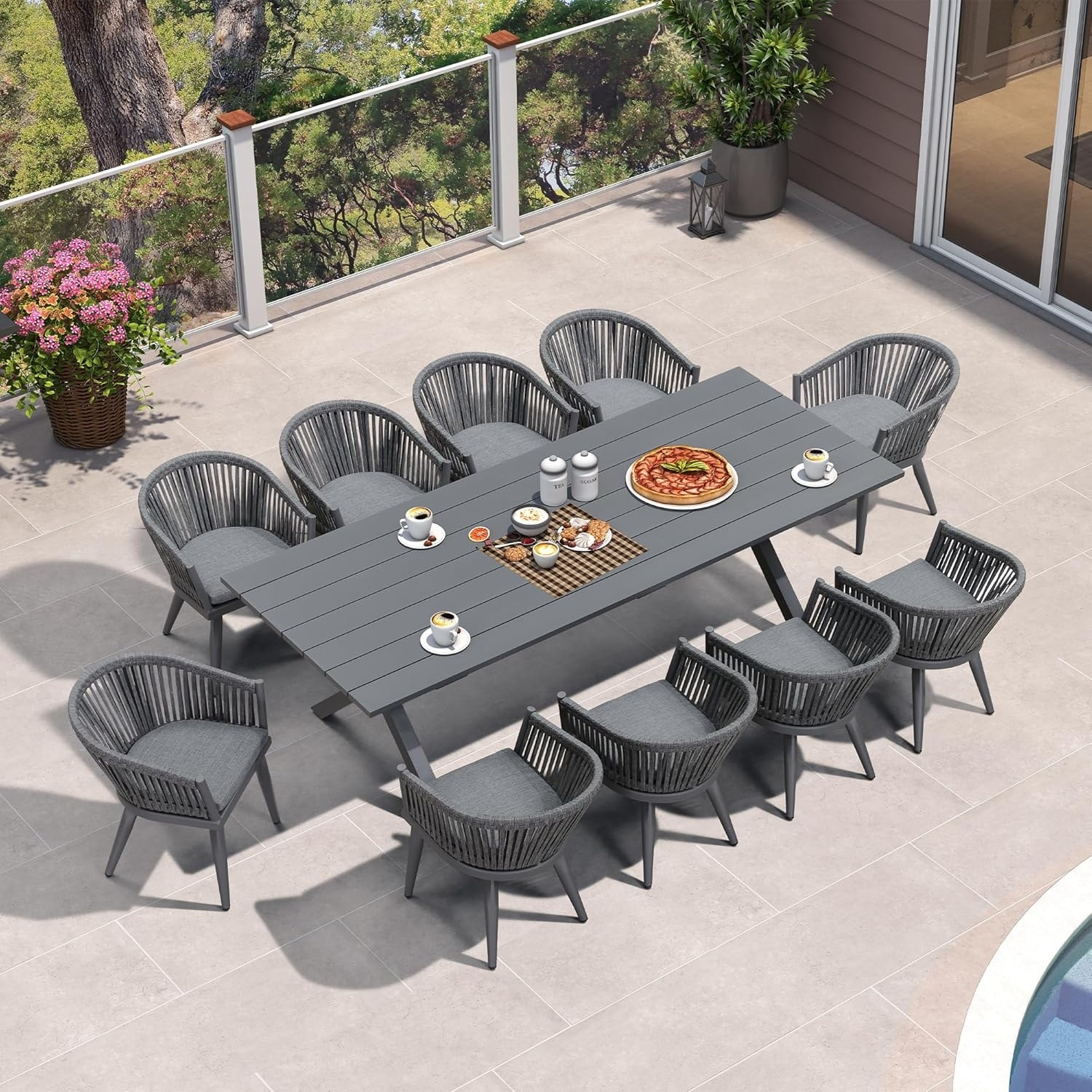 9 PCS Patio Rattan Dining Set Garde Wood and Wicker Furniture Set