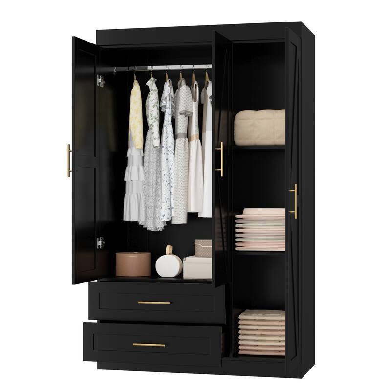 Classic Three-Door Wardrobe,Wood Bedroom Armoire with Hanging Rod and Shelves,Spacious Storage Closet,Modern Farmhouse Design