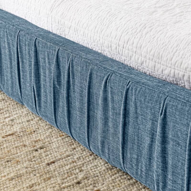 Queen Size Upholstered Bed Frame Chenille Pleated Design Grounded Platform Headboard Blue No Box Spring