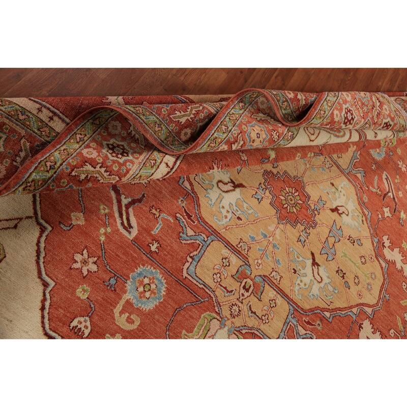 Vegetable Dye Orange Heriz Serapi Oriental Rug Handmade Wool Carpet - 8'11"x 11'8"