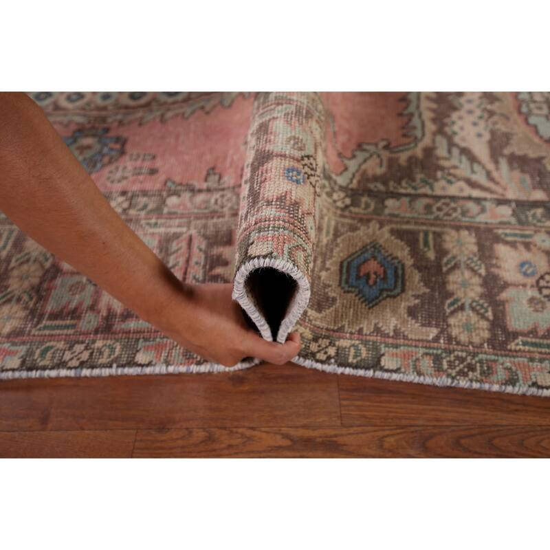 Pink Tabriz Vintage Persian Area Rug Hand-Knotted Wool Carpet - 6'8" x 9'9"