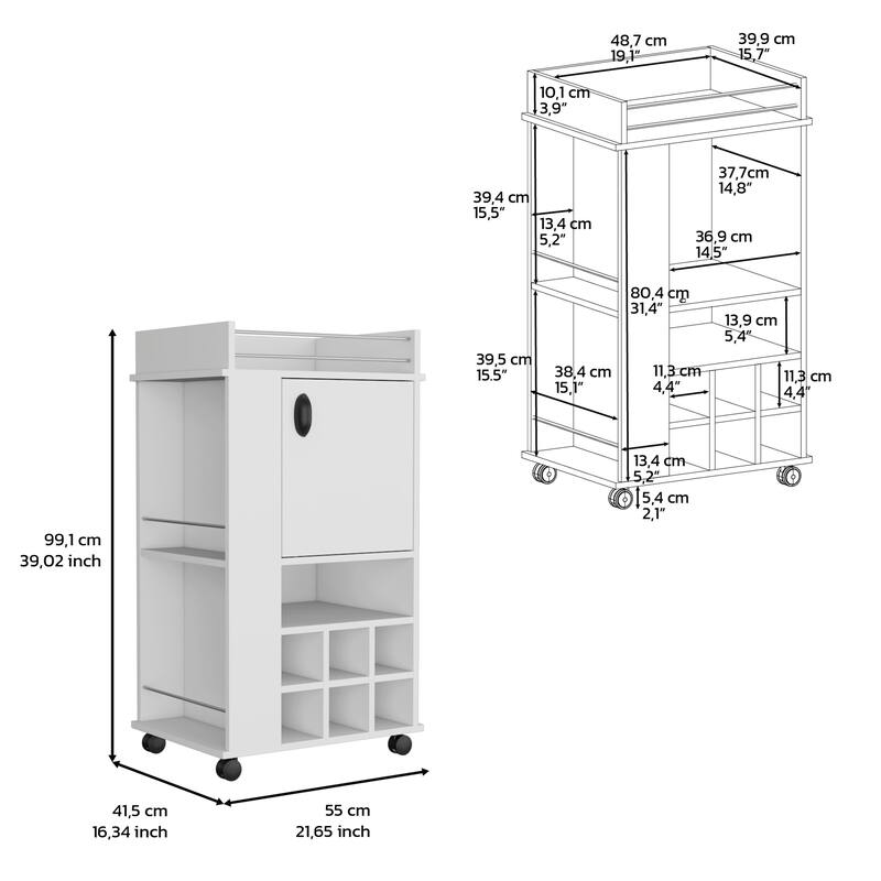 Rolling Bar Cart with 6 Wine Rack, White Finish, Pre-Drilled Holes & Easy Assembly for Home Use