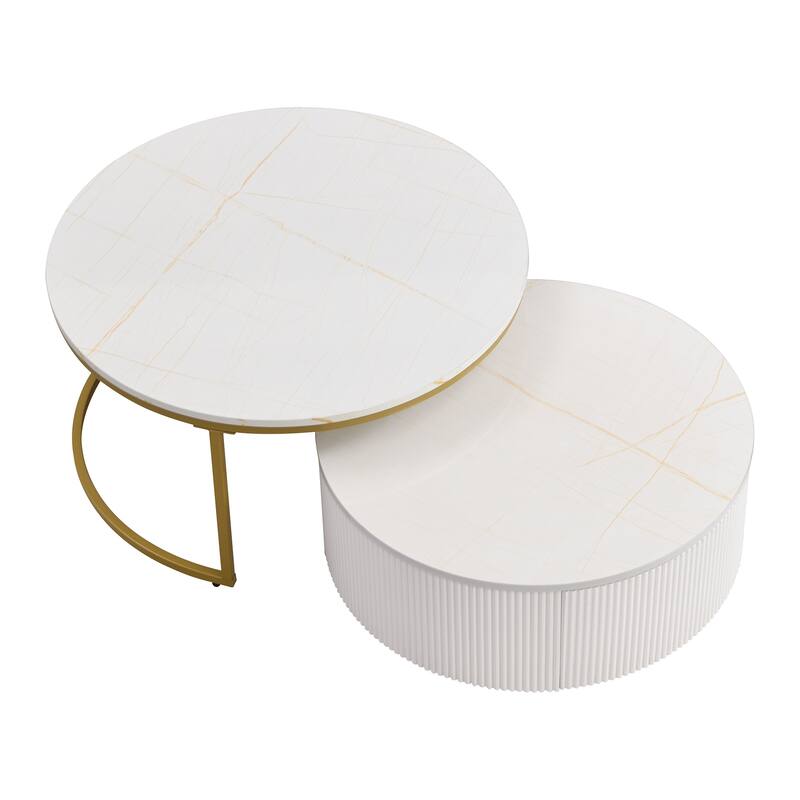 Modern Round Nesting Coffee Table with Drawer and Gold Base for Living Room