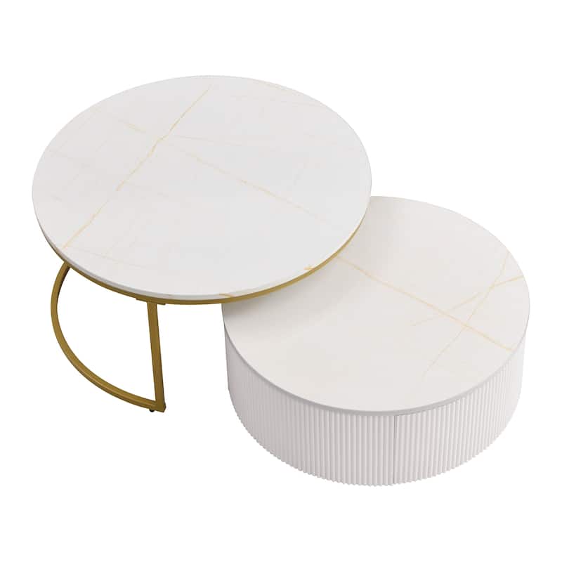 Round Nesting Coffee Table Set, 2-Piece Side Tables with Wooden Tabletop, Fluted Accent Table with Storage Drawer
