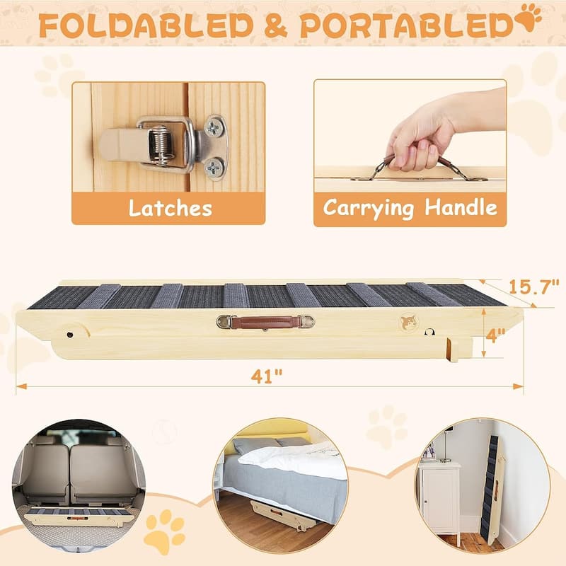 Wooden Dog Ramp Adjustable Folding Portable Pet Ramp with Sticky Roller - Natural - 41" x 15.7" x 4"