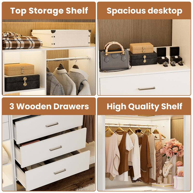 Rackcog Set of 5 Large Closet System with Drawers, Coner Closet Organizers with Hanging Rods and Shelves