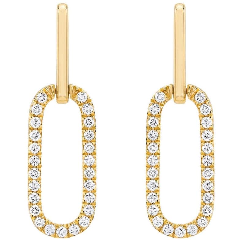 1/2Ct Diamond Paper Clip Drop Earrings Yellow Gold Women's 1" Tall Lab Grown