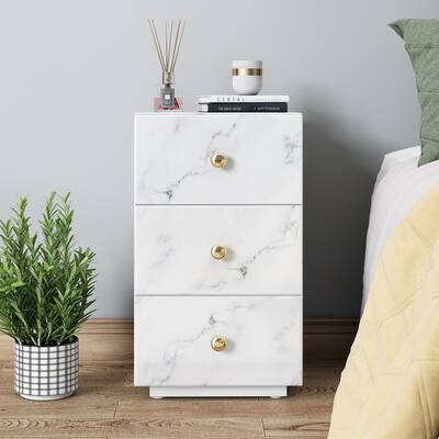Marble Glass Nightstand with 3 Drawers
