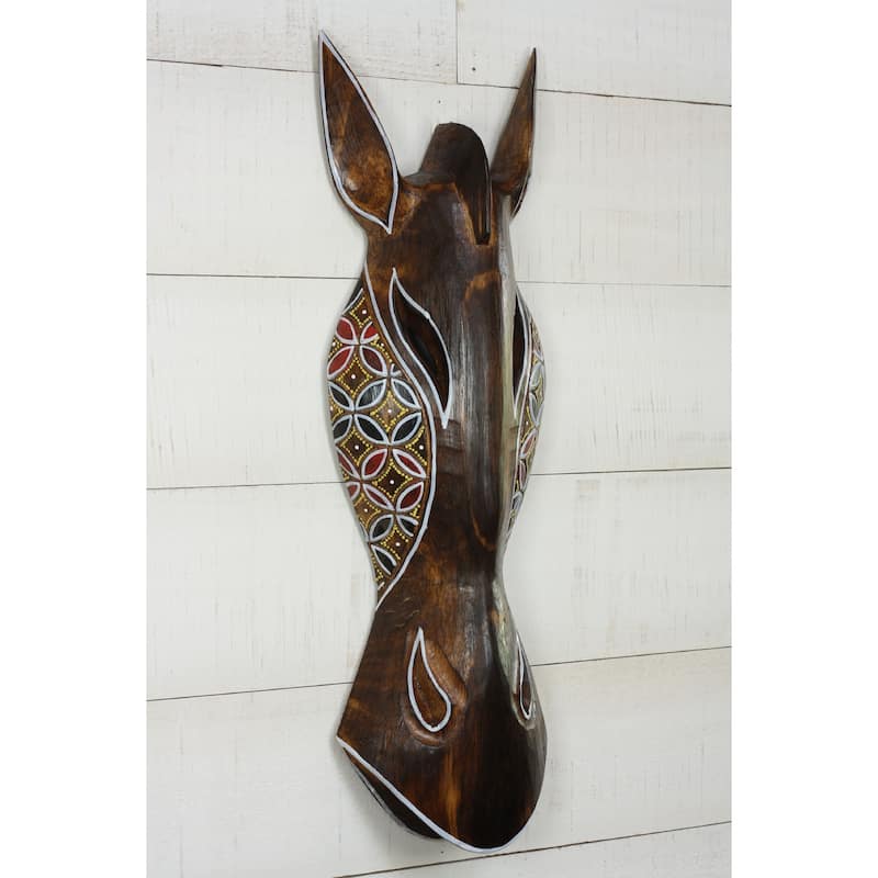 Safari Giraffe Wall Art Hand Carved Wooden Mask with Tribal Dot Motif, Rustic Boho Decor - 20" Tall x 6" Wide x 2.5" Deep