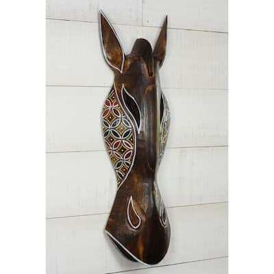 Safari Giraffe Wall Art Hand Carved Wooden Mask with Tribal Dot Motif, Rustic Boho Decor