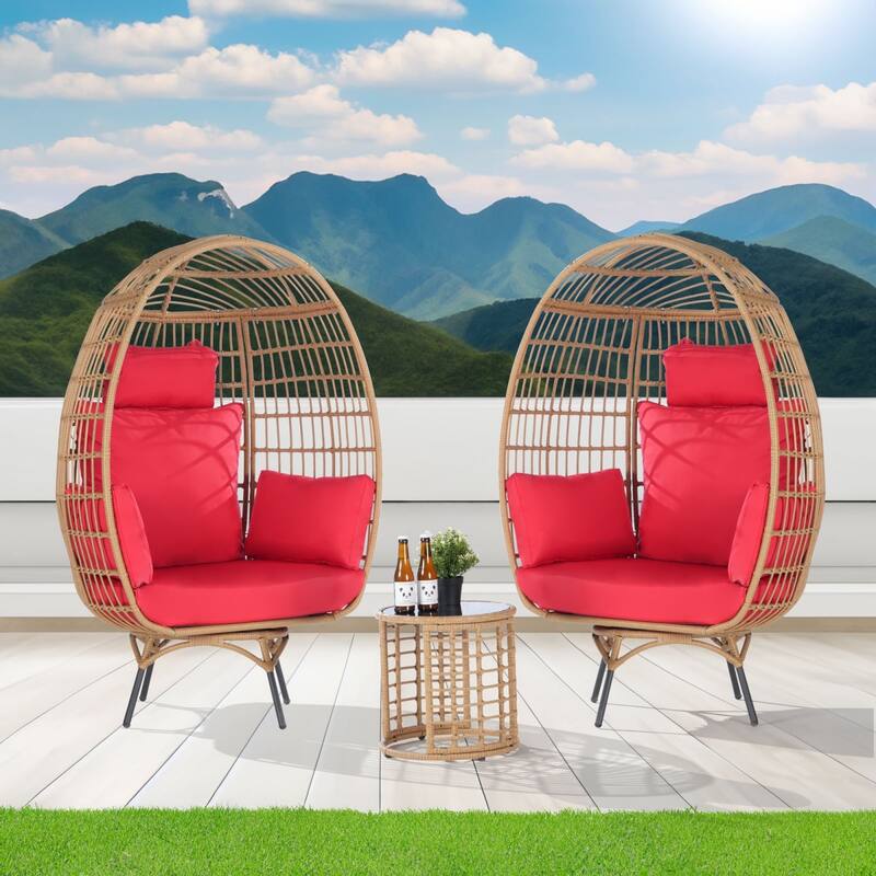 SANSTAR Set of 2 Patio Oversized Swivel Brown Wicker Egg Chairs with Cushions