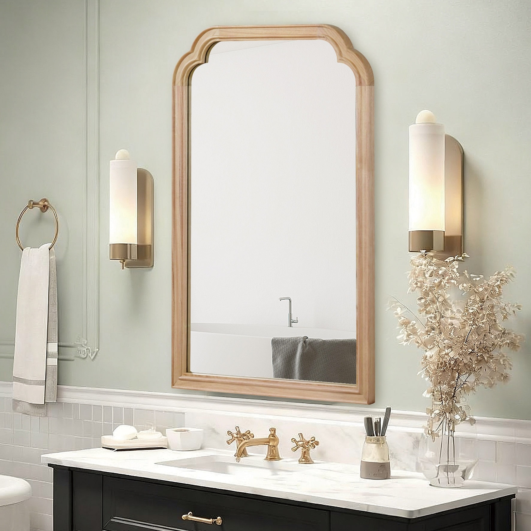Rounded Corner Solid Wood Frame Decorative Mirror Modern Farmhouse