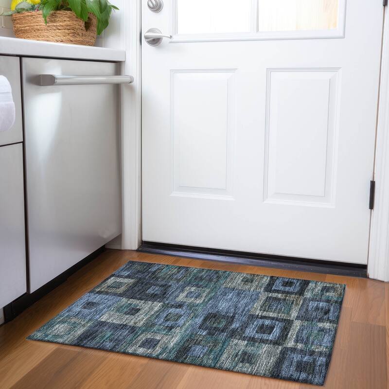 Machine Washable Indoor/ Outdoor Contemporary Blocks Chantille Rug - Blue - 1'8" x 2'6"