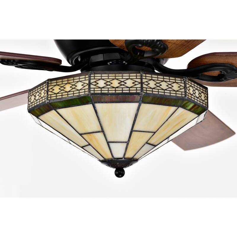 Margno 52-Inch Flushmount Lighted Ceiling Fan Jewel Cut Design Tiffany Glass Lamp Black Finish