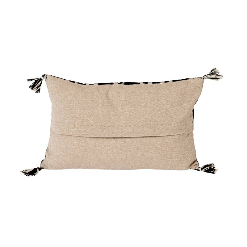 Cotton Velvet Ikat Printed Lumbar Pillow with Tassels and Chambray Back