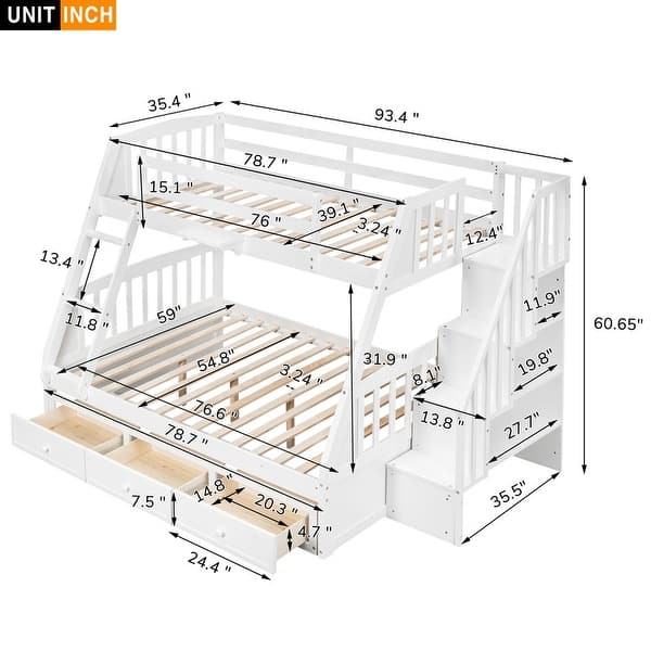 dimension image slide 2 of 3, Twin-over-Full Bunk Bed with Drawers，Ladder and Storage Staircase
