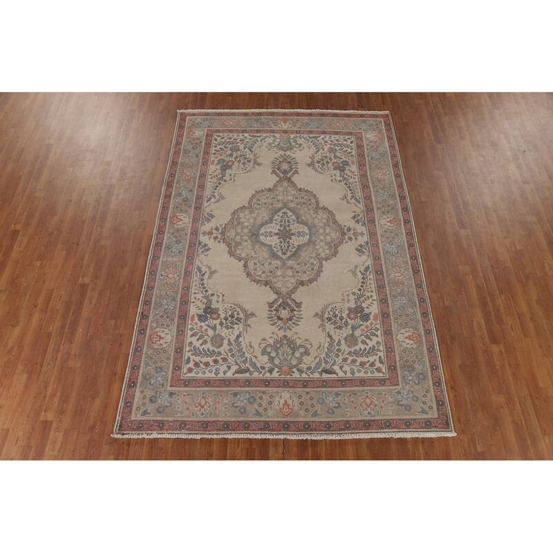 Distressed Tabriz Vintage Persian Area Rug Hand-Knotted Wool Carpet - 6'10" x 10'0"