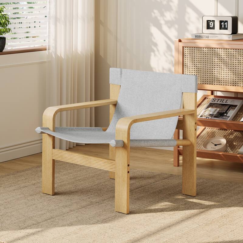 Detachable and washable Oak Accent Chair Wide Armrest Mid-Century Lounge Chair Linen Fabric Armchair & Solid Wood Frame