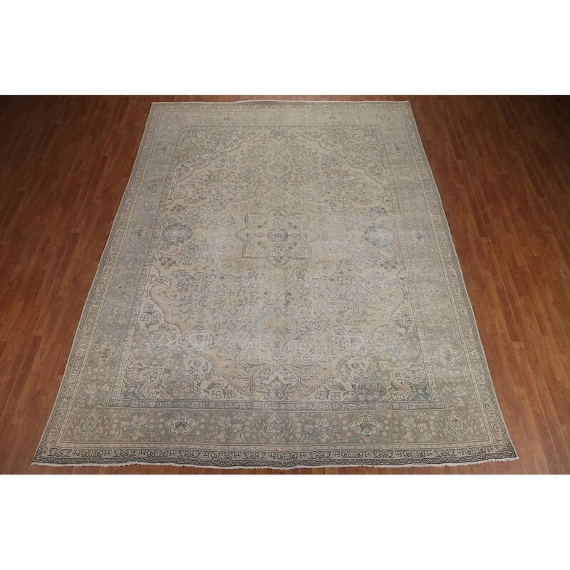 Hand Knotted Oriental 100% Wool Carpet Traditional Floral Beige & Ivories Tabriz Area Rug - 12' 6'' X 9' 10''