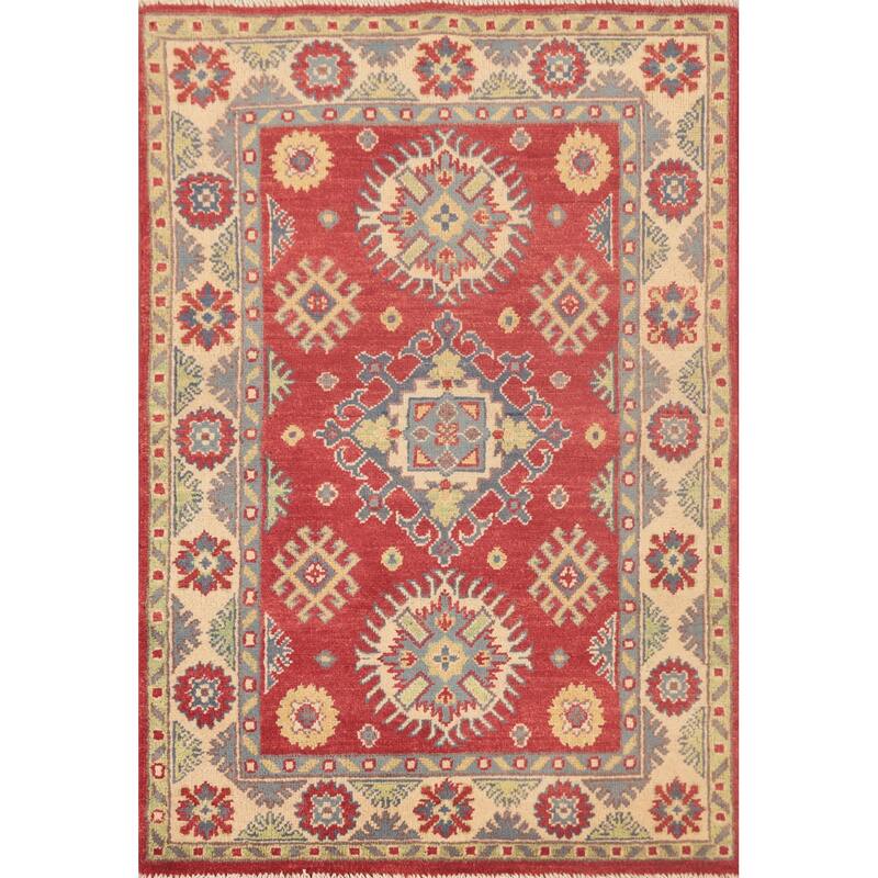 Geometric Red Kazak Oriental Foyer Rug Hand-Knotted Wool Carpet - 2'7" x 4'1"