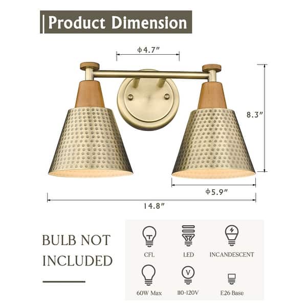 dimension image slide 4 of 6, Modern Bathroom Vanity Light, Hammered Metal Shade