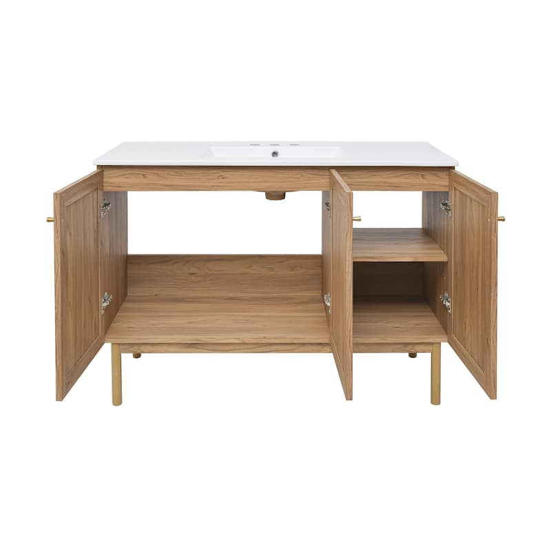 Classe 48 In. Brown Oak Bathroom Vanity With White, 3-Hole Ceramic Sink Top