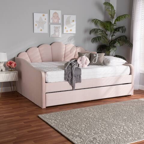 Timila Modern and Contemporary Light Pink Velvet Fabric Upholstered Queen Size Daybed with Trundle