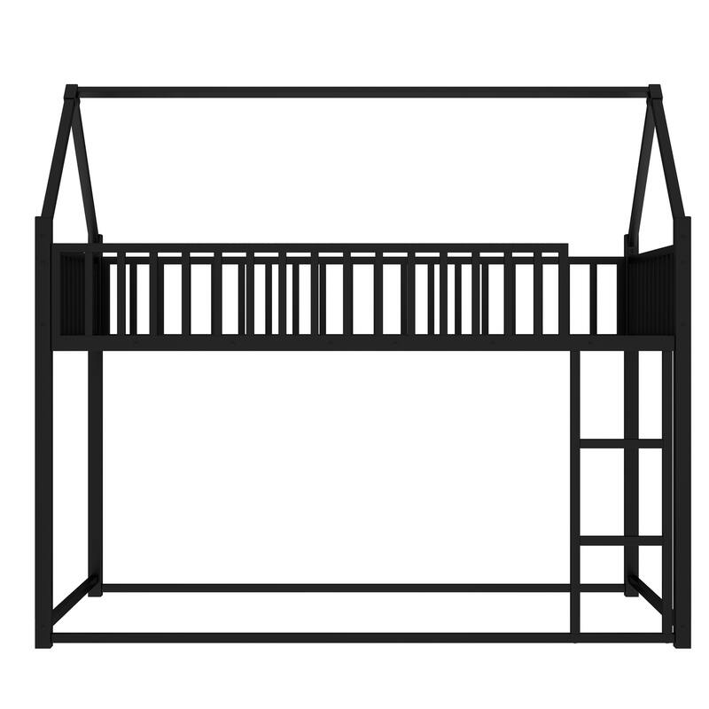 Roomfitters Metal Twin House Bed Frame with Guardrails & Detachable Slats, Convertible Floor to Loft Design, Black