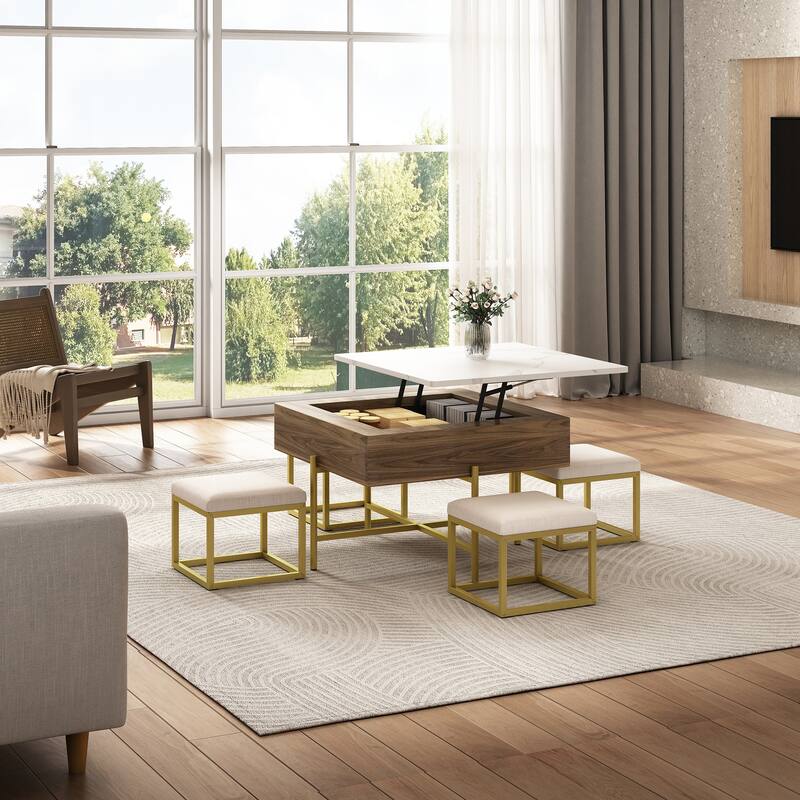 31.5" MDF Lift-Top Coffee Table with 4 Ottomans & Storage