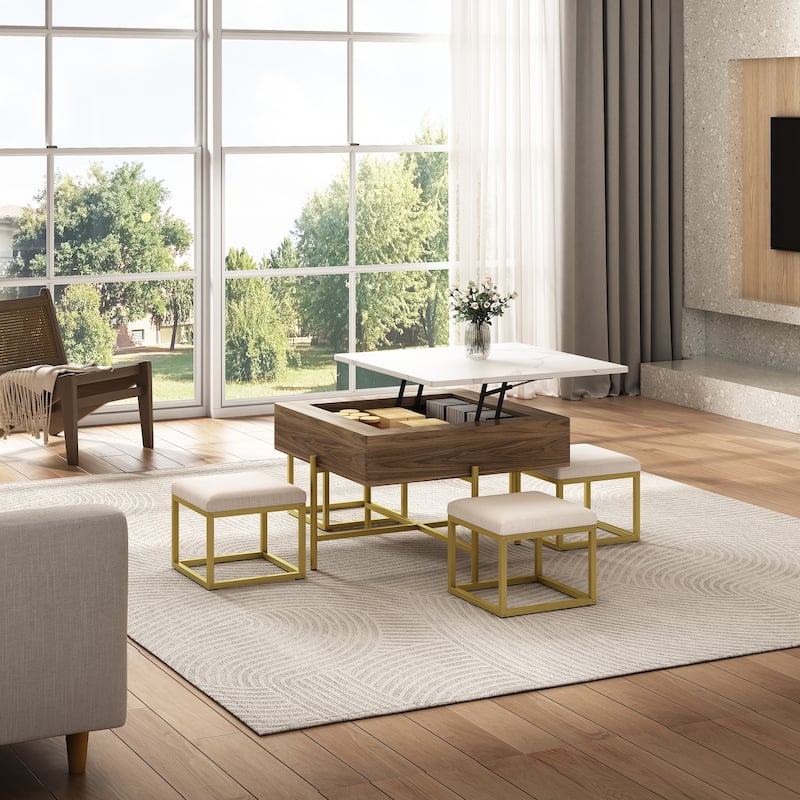 Mid-Century Lift Top Coffee Table Set, Large Square Storage Coffee Table with 4 Ottomans, Family Gathering Wooden Center Table