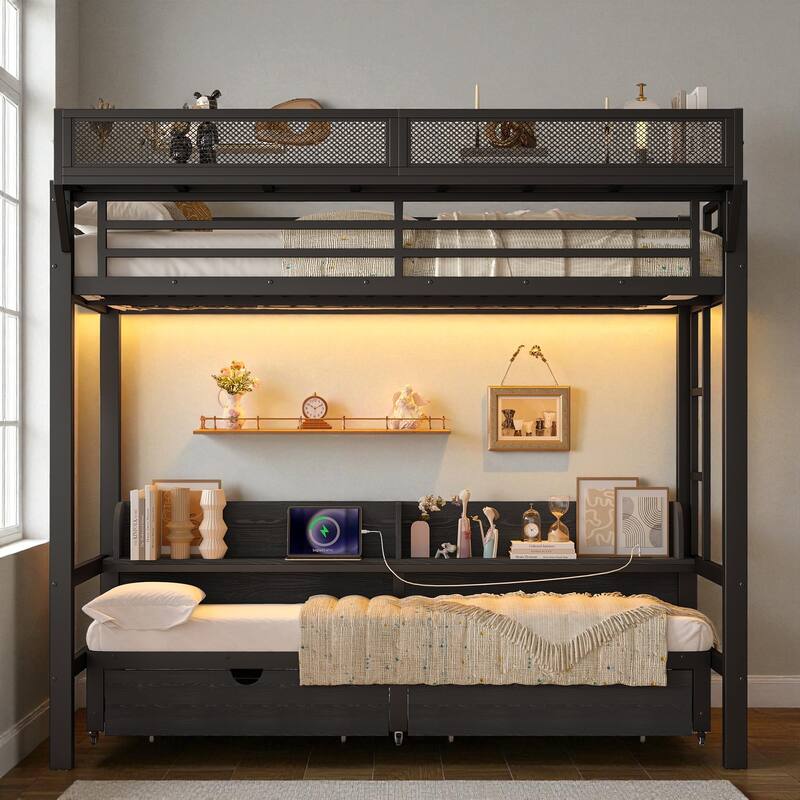 Queen over Queen/Twin XL over Twin XL Metal Bunk Bed with Storage Shelves, Drawers, USB Ports & LED Lights - Black - Twin XL