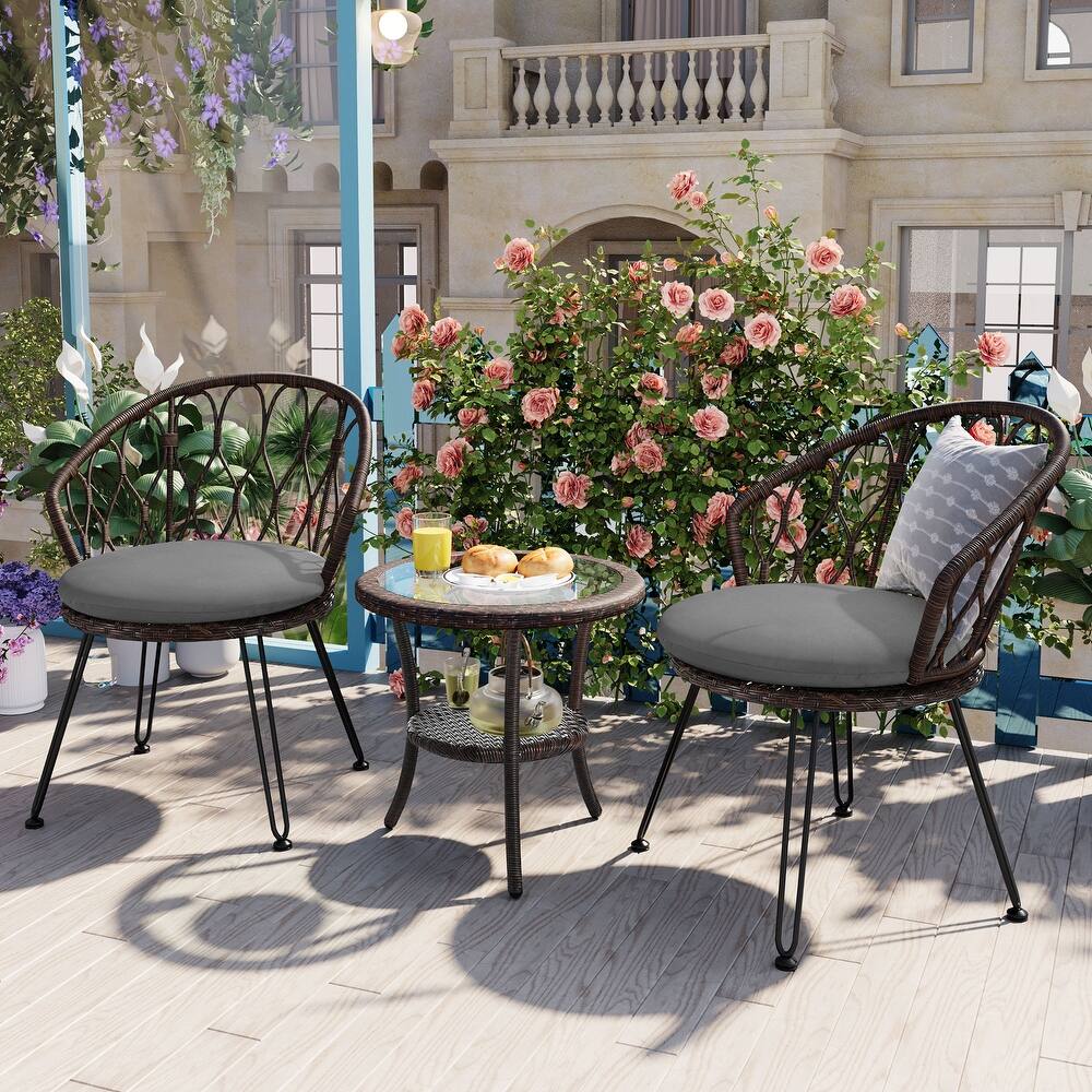 3 Piece Outdoor Leisure Set, Patio Bistro Set Conversation Set Includes 2 Rattan Single Chairs and a Glass Round Table