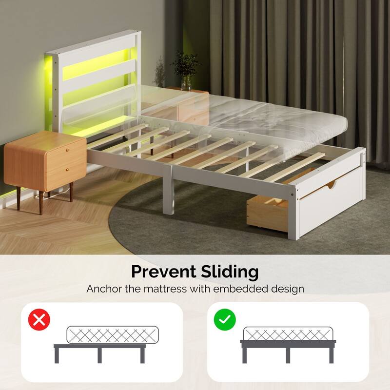 Twin Wood Bed Frame with Charging Station, Lighted Platform Bed, White