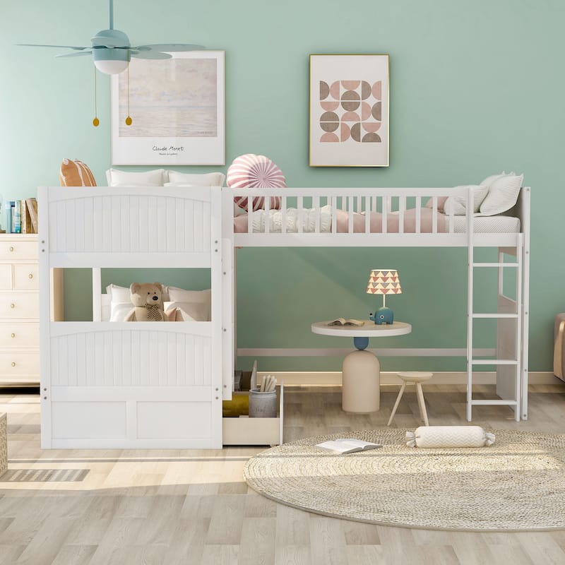 Twin Bunk Bed with Attached Loft and Drawers, Space-Saving Design