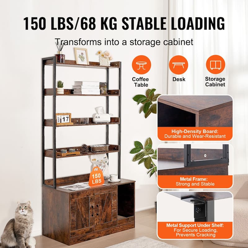 72.3-Inch Dark Brown Wooden Cat Litter Box Enclosure Furniture with 4 Shelves and Magnetic Door