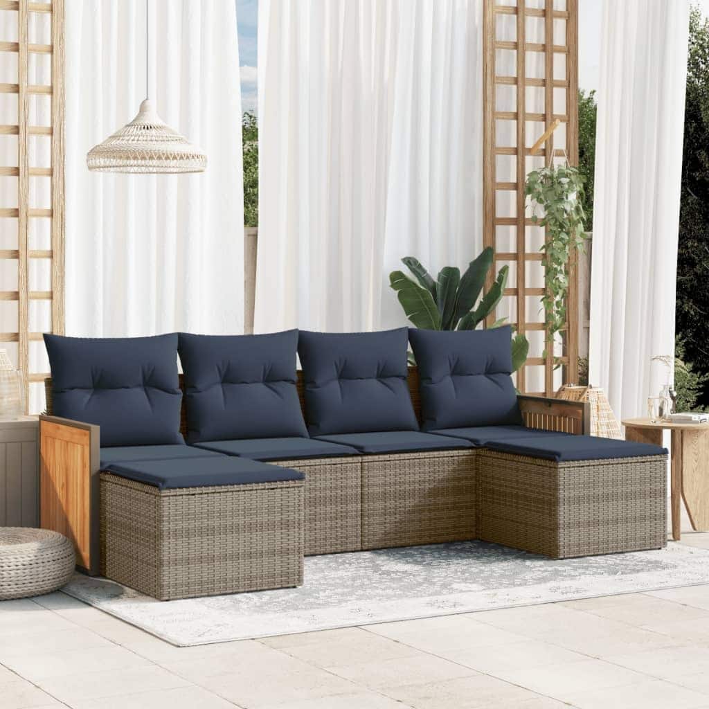 vidaXL 6/7 Piece Patio Sofa Set with Cushions Black/Gray Poly Rattan - 21.7 x 24.4 x 27.2