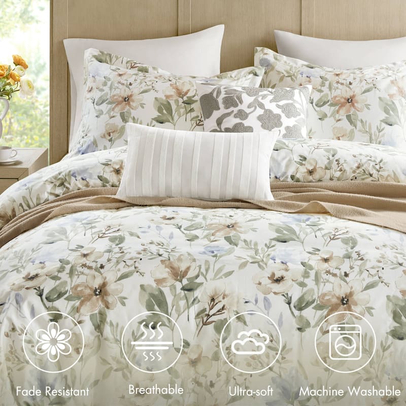 Rossetta 5-Piece Full/Queen Cotton Refreshing Floral Print Sateen Print Duvet Set