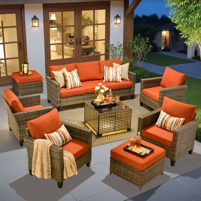 OVIOS 8 Pieces Outdoor Wicker Sectional Set With Solar-Powered CoffeeTable - Orange/Red