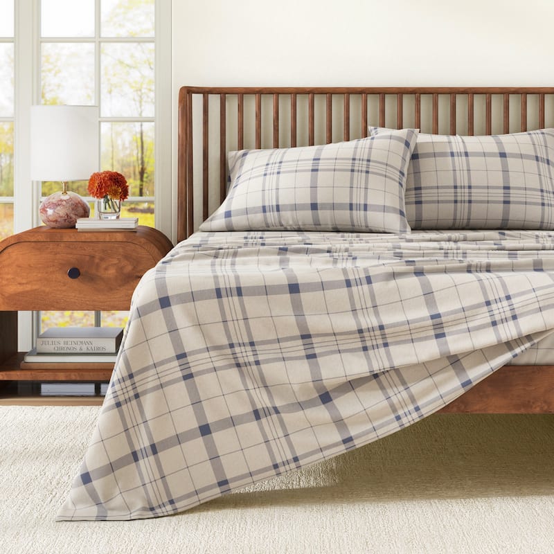 Linery & Co. Ultra-Soft Turkish Cotton Plaid Flannel Sheet Set - King - Cool Plaid