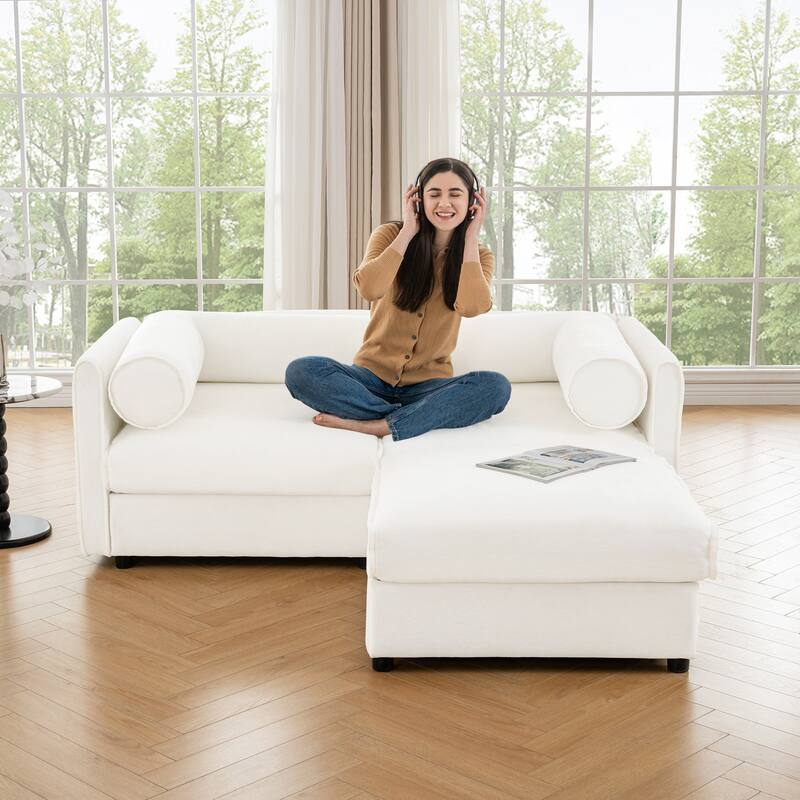 75.5" Chenille 2-Seater Sofa with Ottoman Storage & Cylindrical Backrest - White