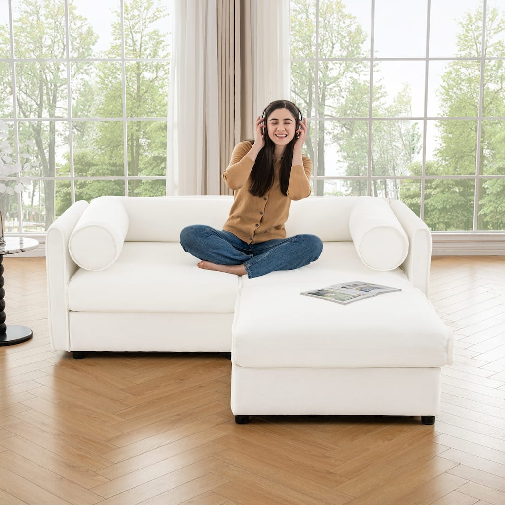 75.5" Chenille 2-Seater Sofa with Ottoman Storage & Cylindrical Backrest