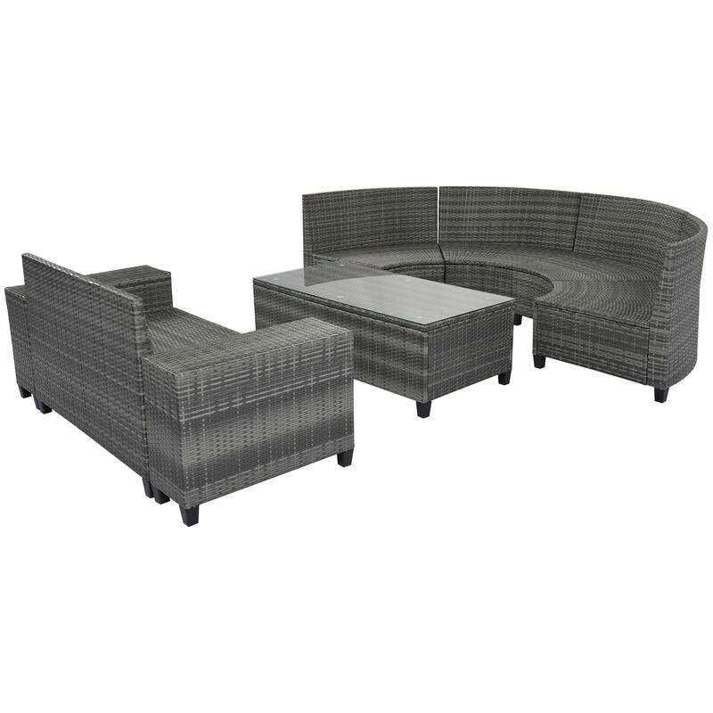 8-Piece Outdoor Patio Wicker Half-Moon Sectional Sofa Set with Rectangular Coffee Table