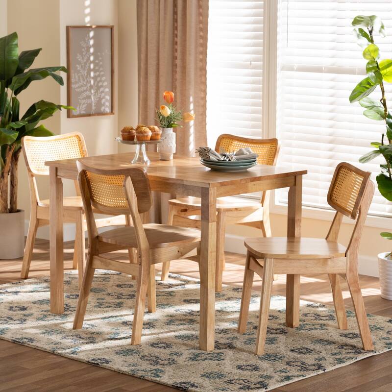 Dulcet Mid-Century Oak Brown Finished Wood and Rattan 5-Piece Dining Set