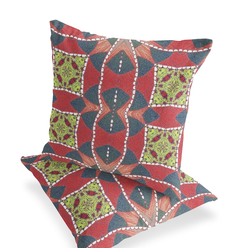 HomeRoots Set of Two 16" X 16" Gray and Red Blown Seam Geometric Indoor Outdoor Throw Pillows - 16.00' X '16.00' X '5.00