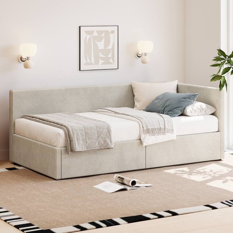 Corduroy Upholstered Daybed Twin Size L Shape Corner Bed